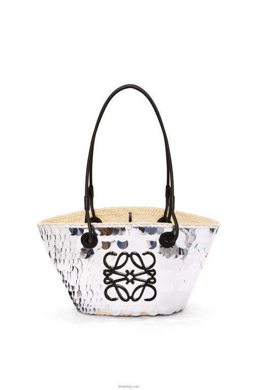 Loewe малка анаграмна кошница от пайети от палма Ирака и телешка кожа F84B8109 Жени сребро