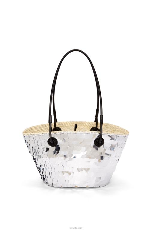 Loewe малка анаграмна кошница от пайети от палма Ирака и телешка кожа F84B8109 Жени сребро