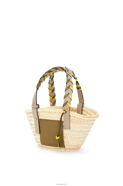 Loewe малка чанта кошница от палмови листа с плетена дръжка от телешка кожа F84B85 Жени маслина/пясък