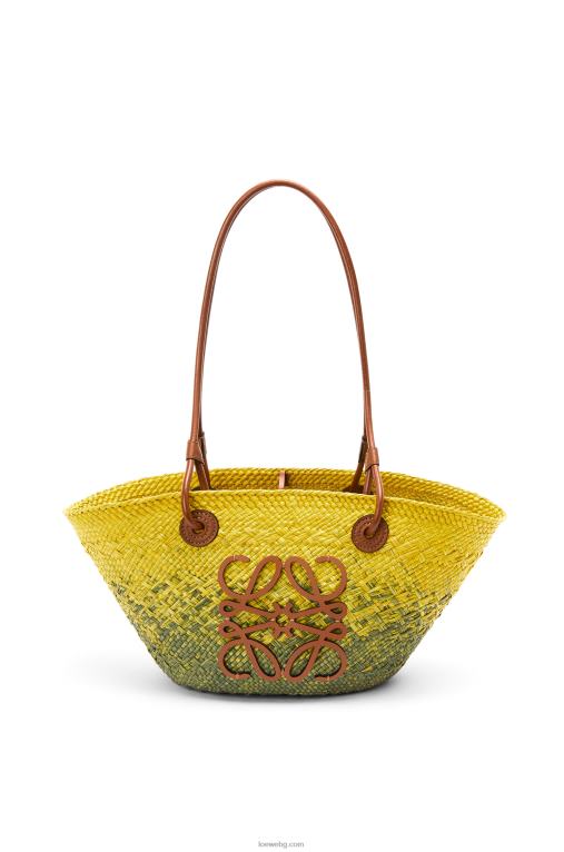 Loewe малка чанта кошница с анаграми от палма Ирака и телешка кожа F84B864 Жени каки зелено/жълто