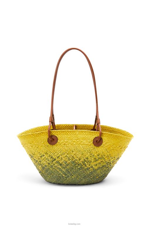 Loewe малка чанта кошница с анаграми от палма Ирака и телешка кожа F84B864 Жени каки зелено/жълто