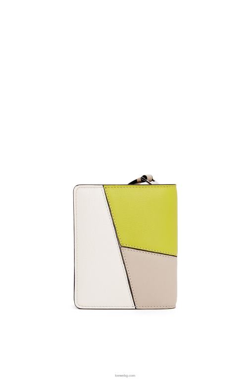 Loewe puzzle компактен портфейл с цип от класическа телешка кожа F84B81262 Жени лайм жълт/светъл овес